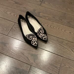 Sophia Webster Black Pointed Flats with Gold Butterfly Appliqué